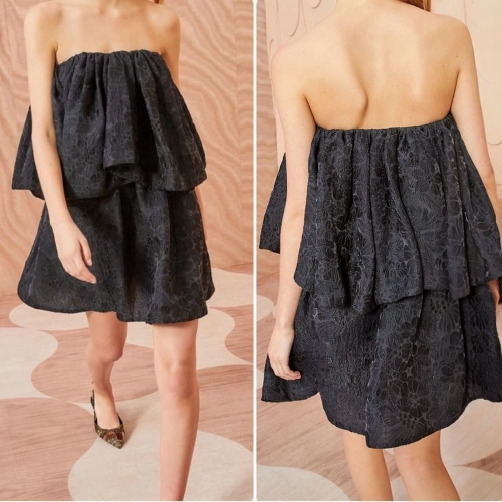 Ulla Johnson Oui Dress Size 4 Strapless Jacquard Floral‎ Motif Black Silk Blend
